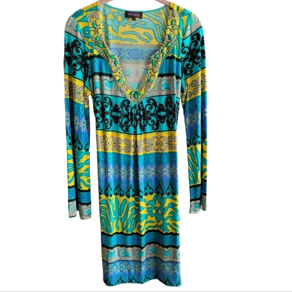Hale Bob 100% Silk Beaded Trim Funky Print Dress Medium Long Sleeve Boho 90s - Picture 1 of 10